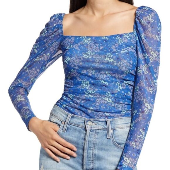 SOCIALITE Blue Floral Square Neck Mesh Top NWT - Picture 1 of 6